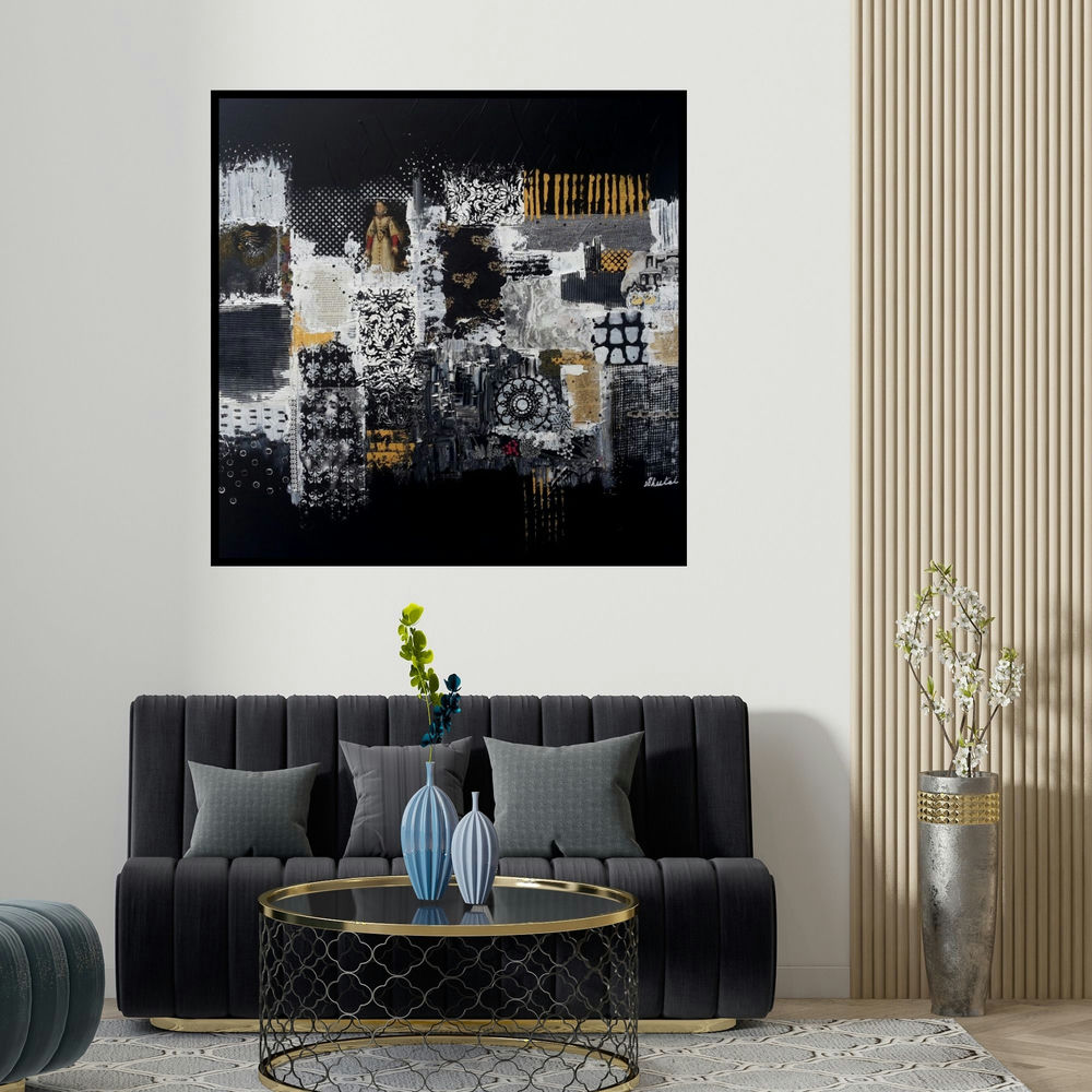 Sheetal Singh's 'City Too Busy' painting visualized above a sofa in a contemporary room.