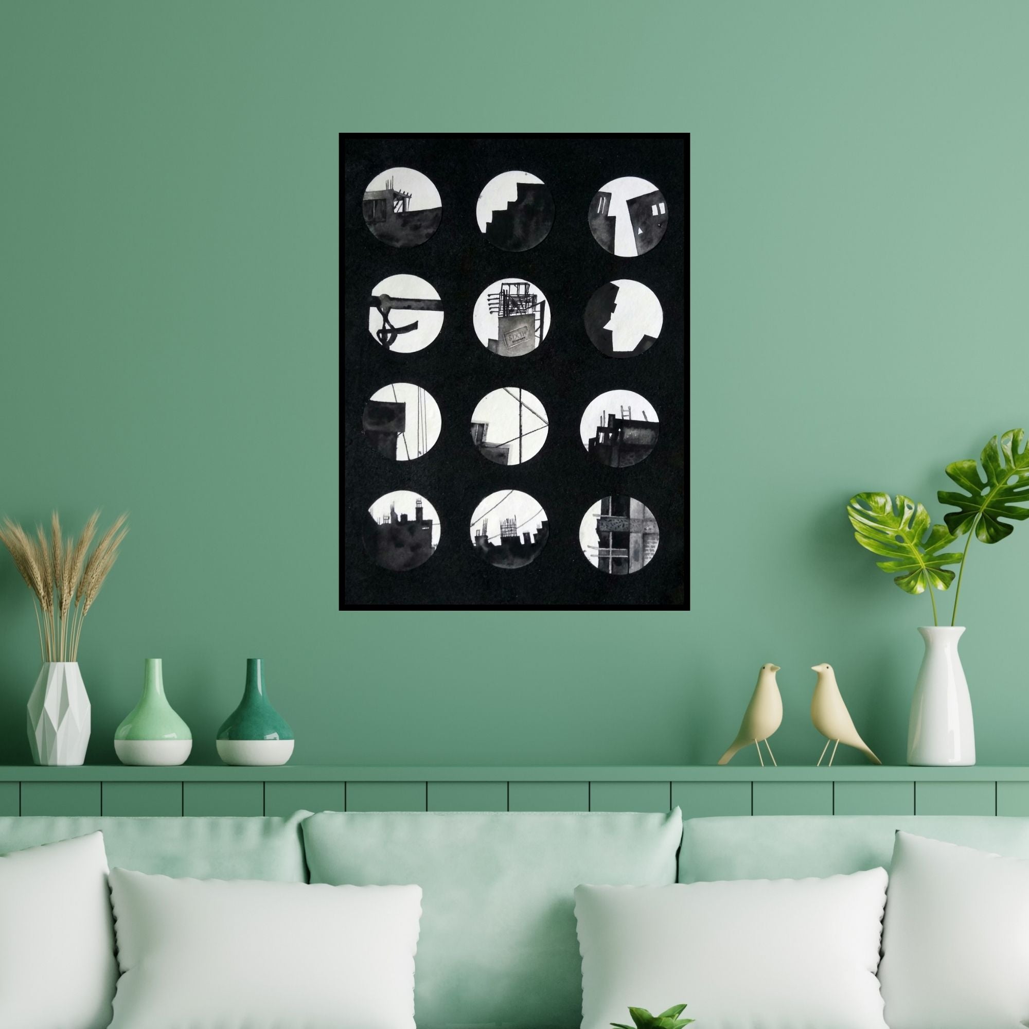 Preview of 'Cityline (Urban Vignettes)' Painting by Priya Dhoot shown on a wall in a furnished room.