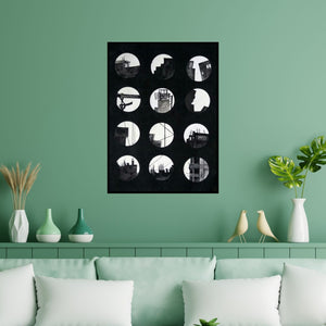 Preview of 'Cityline (Urban Vignettes)' Painting by Priya Dhoot shown on a wall in a furnished room.