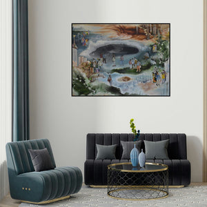 Raka Panda's 'Citylore' painting visualized above a sofa in a contemporary room.