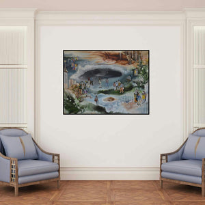 'Citylore' painting by Raka Panda shown on a wall in a furnished room.