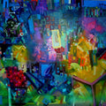 Abstract acrylic painting titled 'Citysape 2', 48x60 inches, by artist Madan Lal on Canvas