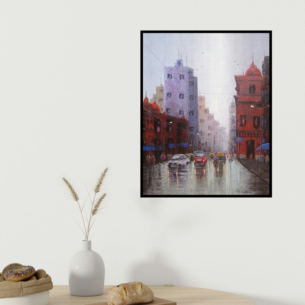 Purnendu Mandal's 'Cityscape' painting visualized above a sofa in a contemporary room.