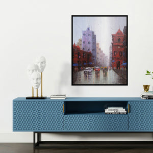 'Cityscape' painting by Purnendu Mandal shown on a wall in a furnished room.
