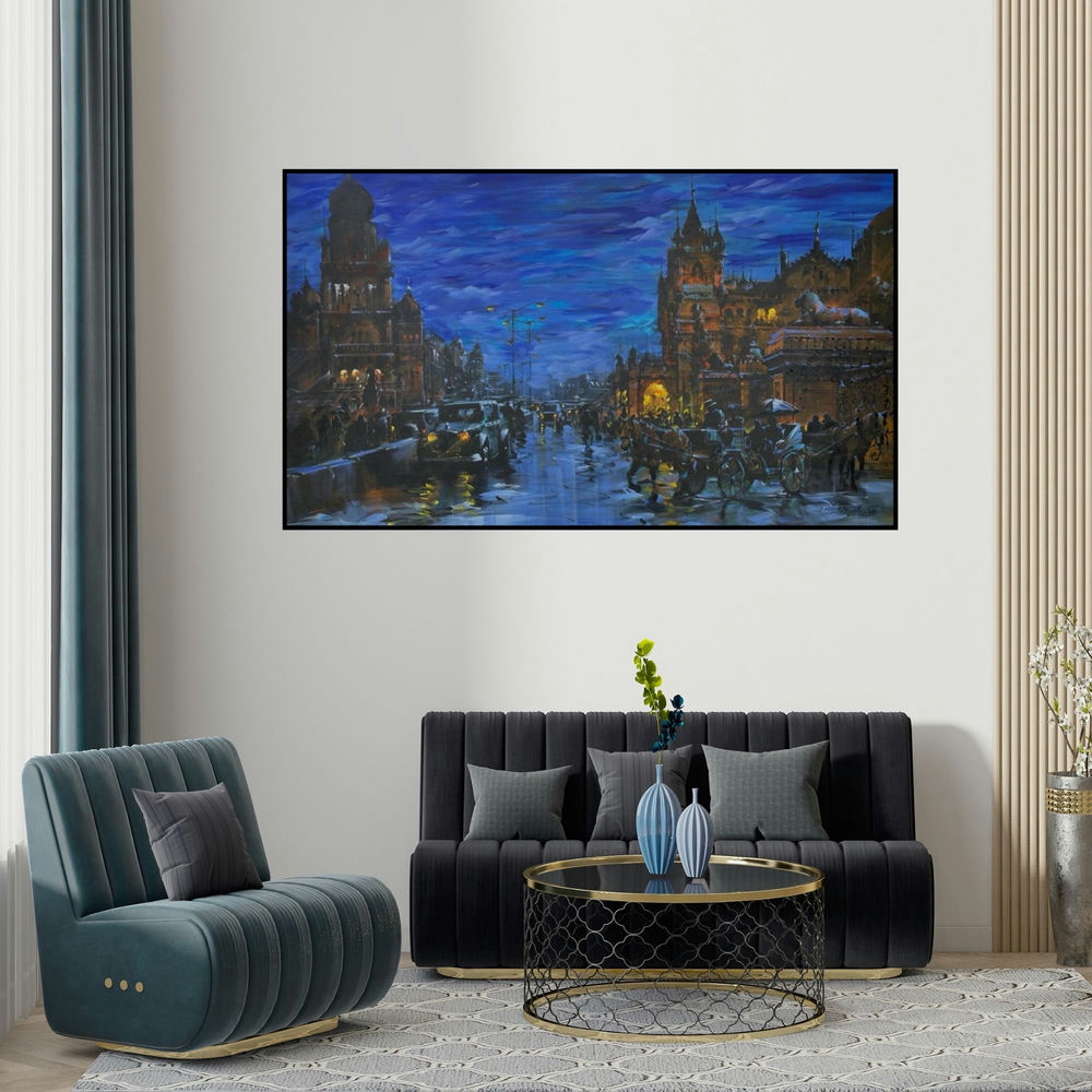 Sandeep Chhatraband's 'Cityscape 1' painting visualized above a sofa in a contemporary room.