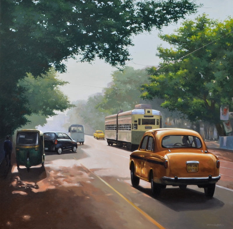 Cityscape 1' cityscape acrylic painting by artist Dhananjoy Ghosh, 36x36 inch, on canvas