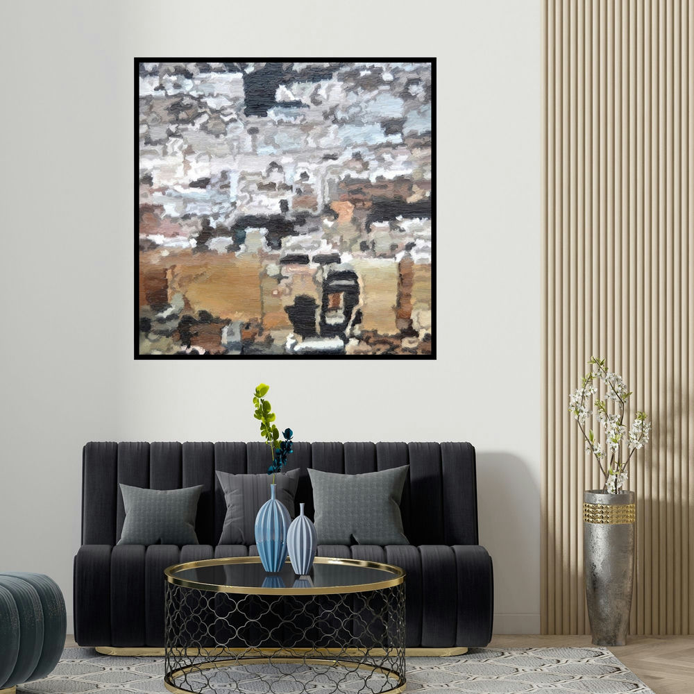 Ganesh Pokharkar's 'Cityscape 1 (Urban Grid)' painting visualized above a sofa in a contemporary room.
