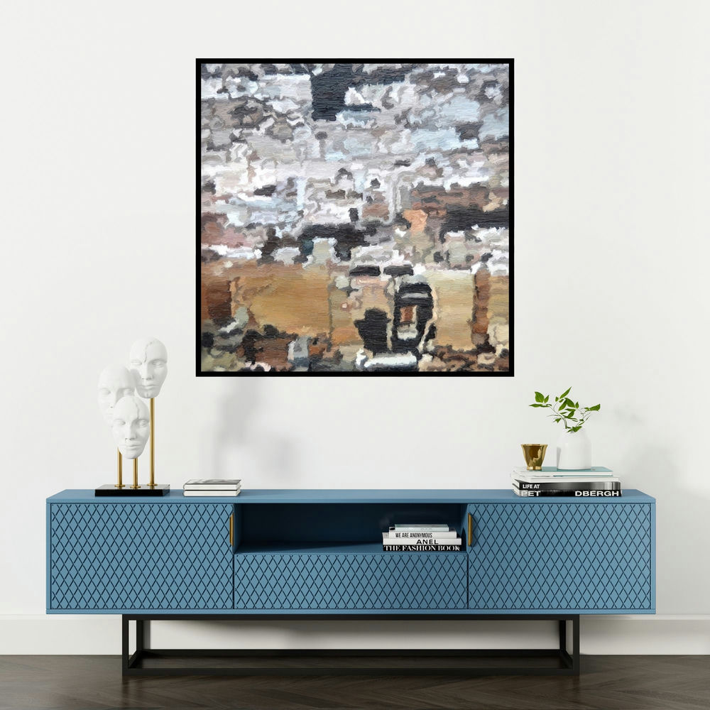 'Cityscape 1 (Urban Grid)' painting by Ganesh Pokharkar shown on a wall in a furnished room.