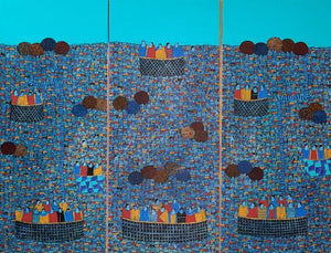 Cityscape 1 (Triptych) by Rama Krishna V, Original Acrylic Cityscape Painting on Canvas, Large Horizontal Wall Art