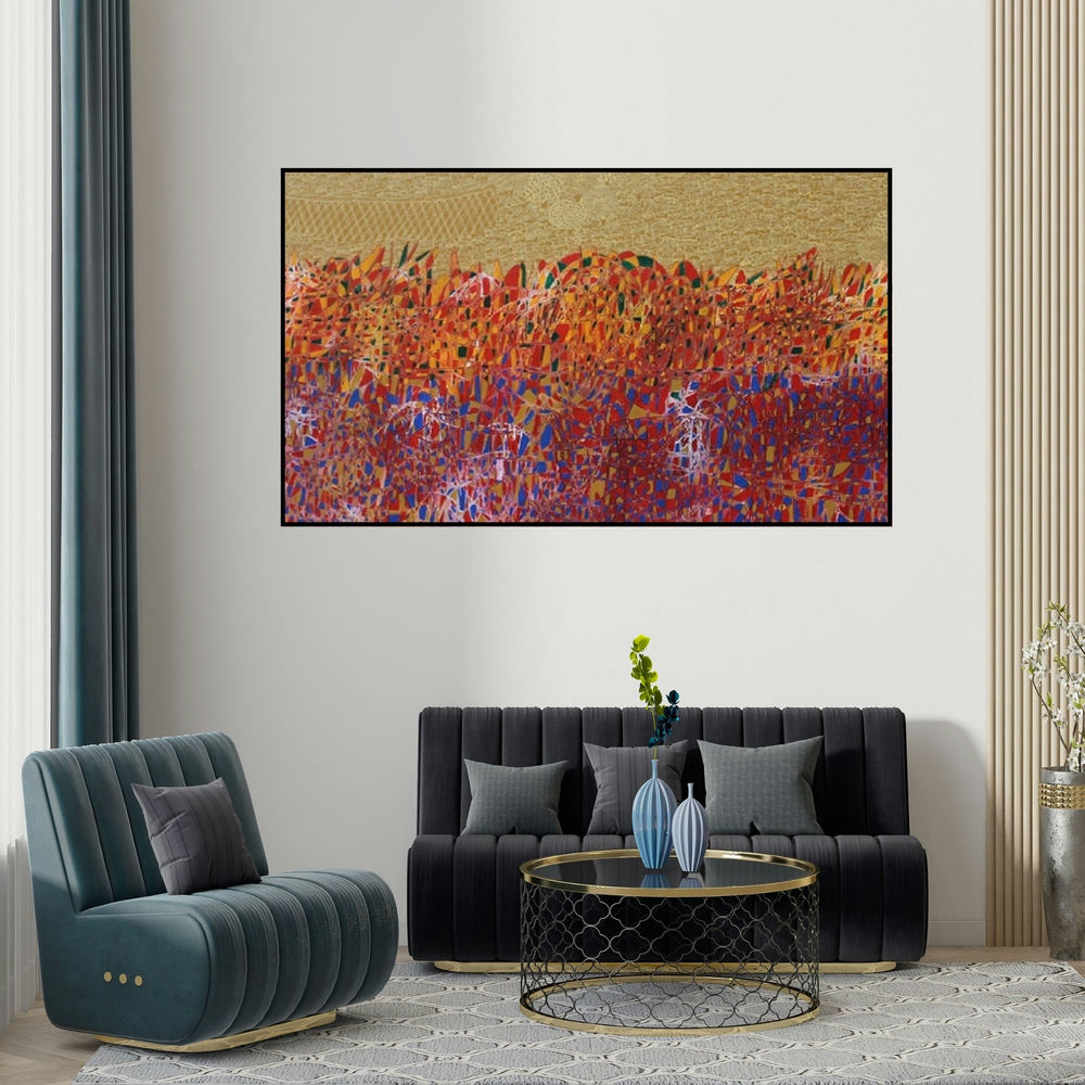 Rama Krishna V's 'Cityscape 10 (Golden Landscape)' painting visualized above a sofa in a contemporary room.