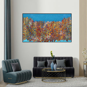 Rama Krishna V's 'Cityscape 11 (Abstract Cityscape)' painting visualized above a sofa in a contemporary room.