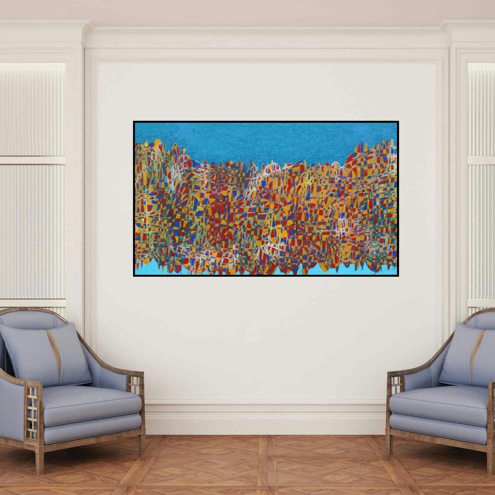 'Cityscape 11 (Abstract Cityscape)' painting by Rama Krishna V shown on a wall in a furnished room.