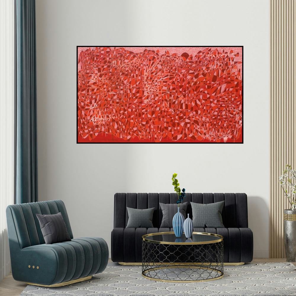 Rama Krishna V's 'Cityscape 12 (Red Abstract)' painting visualized above a sofa in a contemporary room.