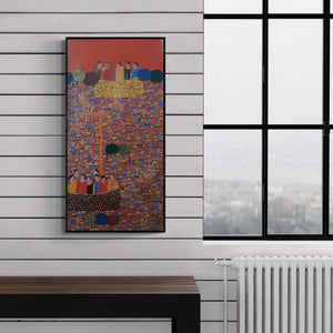 Preview of 'Cityscape 16 (Urban Panorama)' Painting by Rama Krishna V shown on a wall in a furnished room.