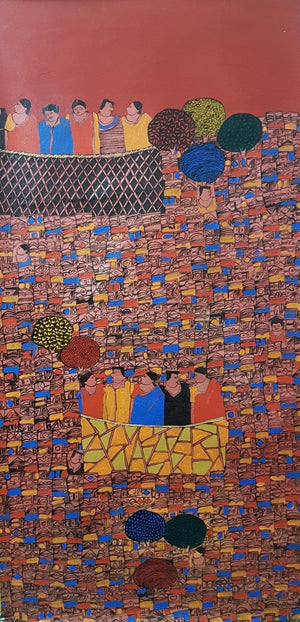 Cityscape acrylic painting titled 'Cityscape 17', 36x18 inches, by artist Rama Krishna V on Canvas