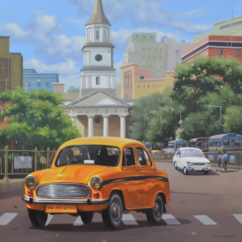 Cityscape 2' cityscape acrylic painting by artist Dhananjoy Ghosh, 36x36 inch, on canvas