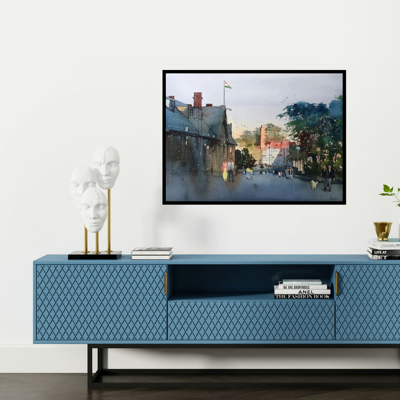 Preview of 'Cityscape 2 (Untitled)' Painting by Bijay Biswaal shown on a wall in a furnished room.