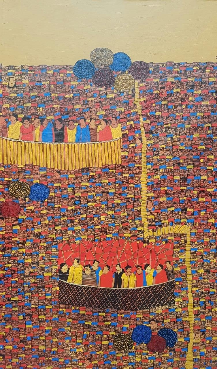 Cityscape acrylic painting titled 'Cityscape 21', 60x36 inches, by artist Rama Krishna V on Canvas