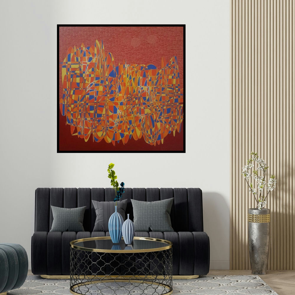 Rama Krishna V's 'Cityscape 23 (Cityscape 21)' painting visualized above a sofa in a contemporary room.