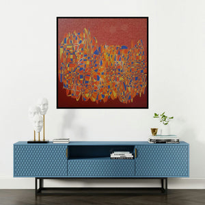 'Cityscape 23 (Cityscape 21)' painting by Rama Krishna V shown on a wall in a furnished room.