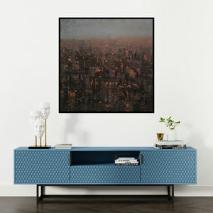 'Cityscape (Twilight City)' painting by Harshit Bondre shown on a wall in a furnished room.