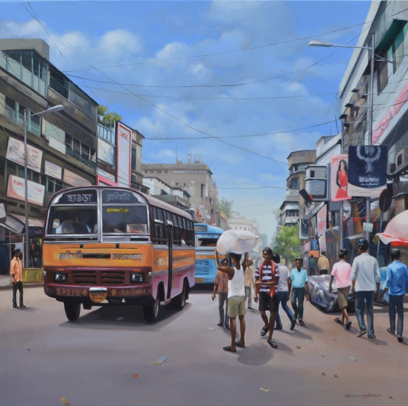 Cityscape 3' cityscape acrylic painting by artist Dhananjoy Ghosh, 36x36 inch, on canvas