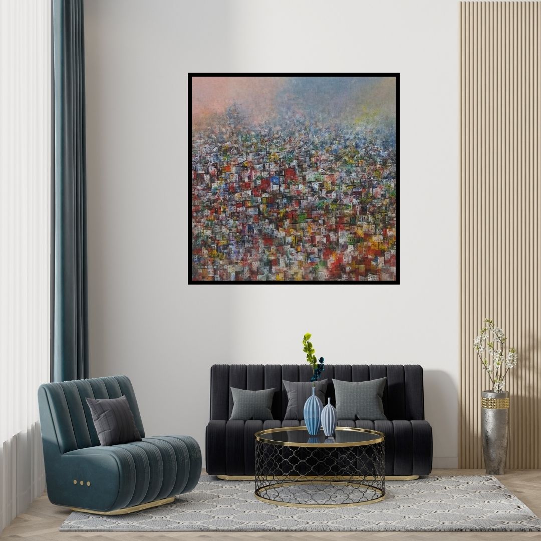 Preview of 'Cityscape 3' Painting by M Singh shown on a wall in a furnished room.