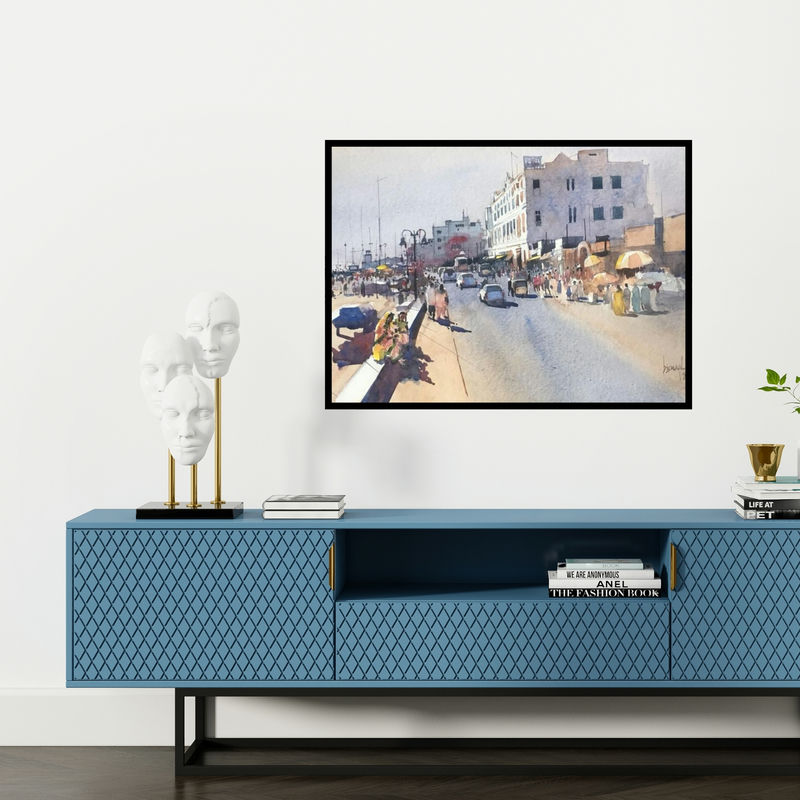 Preview of 'Cityscape 3 (Untitled)' Painting by Bijay Biswaal shown on a wall in a furnished room.