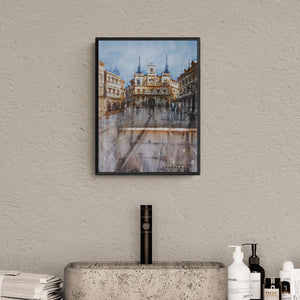 Preview of 'Cityscape 3' Painting by Siddharth Gavade shown on a wall in a furnished room.