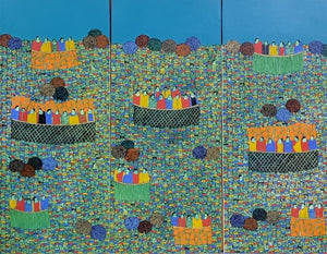 Cityscape acrylic painting titled 'Cityscape 3 (Triptych)', 42x54 inches, by artist Rama Krishna V on Canvas