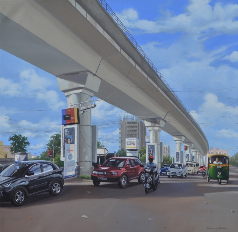 Cityscape 4' cityscape acrylic painting by artist Dhananjoy Ghosh, 36x36 inch, on canvas