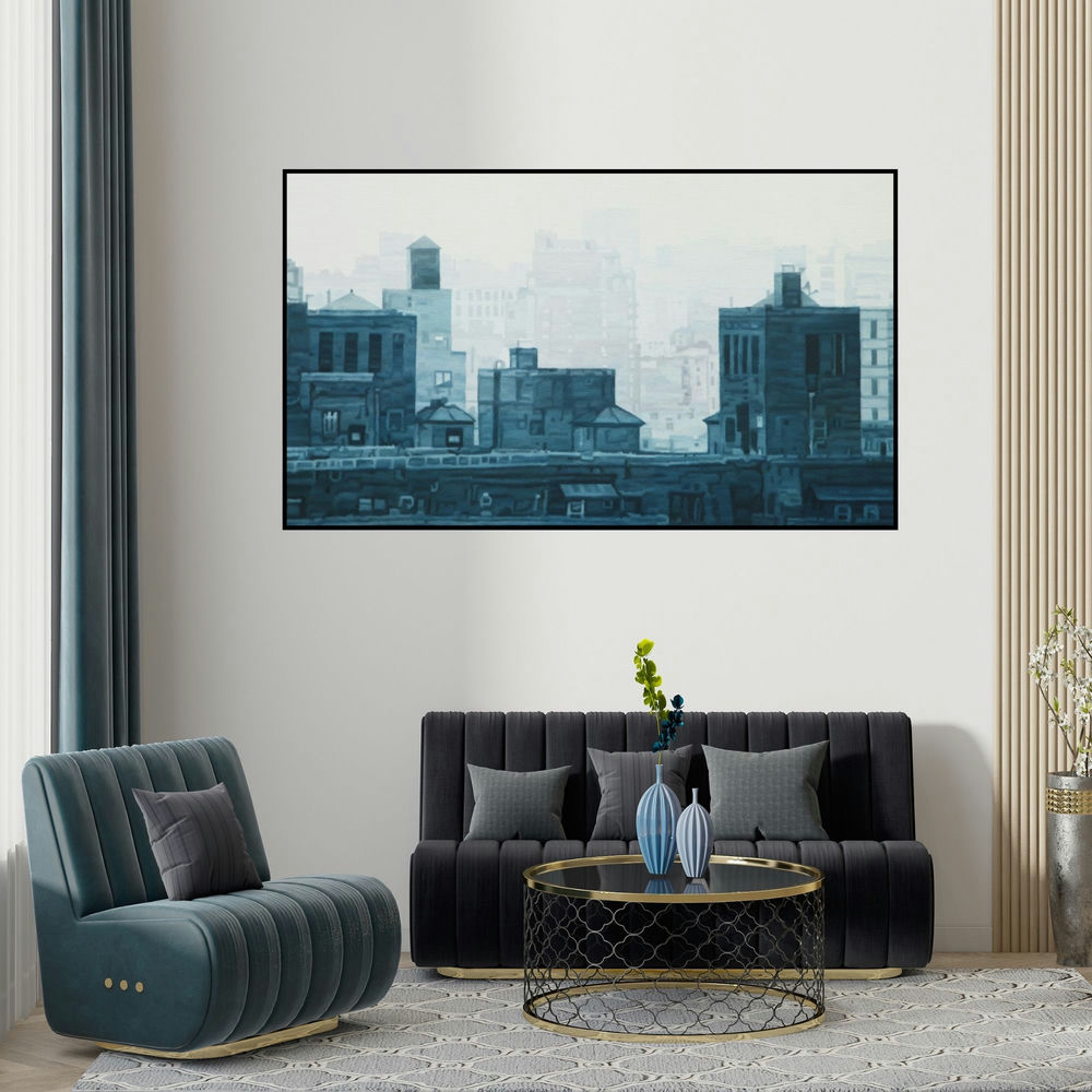 Ganesh Pokharkar's 'Cityscape 4 (Foggy Cityscape II)' painting visualized above a sofa in a contemporary room.