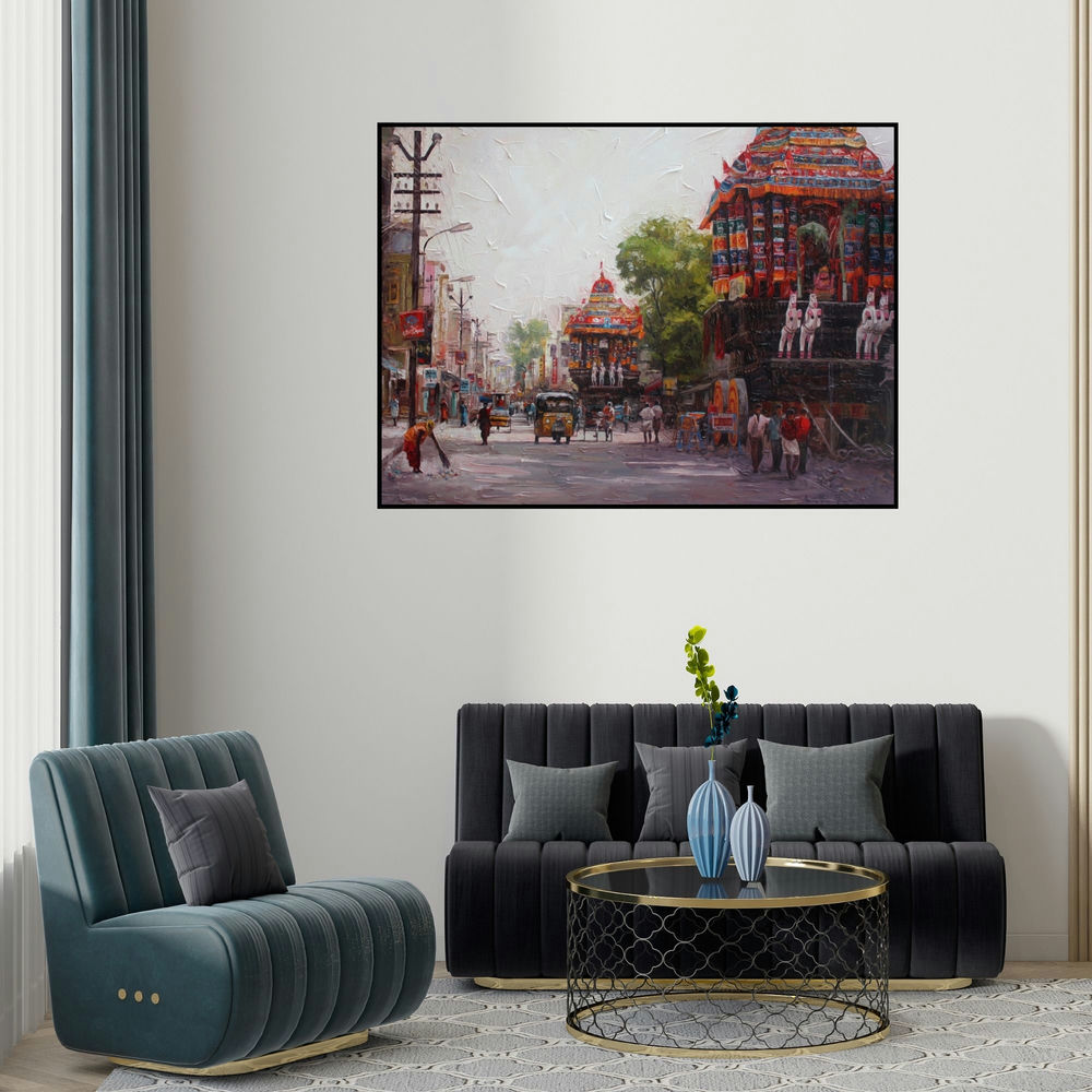 Iruvan Karunakaran's 'Cityscape 4 (Floral Abstraction)' painting visualized above a sofa in a contemporary room.