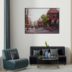 Iruvan Karunakaran's 'Cityscape 4 (Floral Abstraction)' painting visualized above a sofa in a contemporary room.