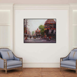 'Cityscape 4 (Floral Abstraction)' painting by Iruvan Karunakaran shown on a wall in a furnished room.