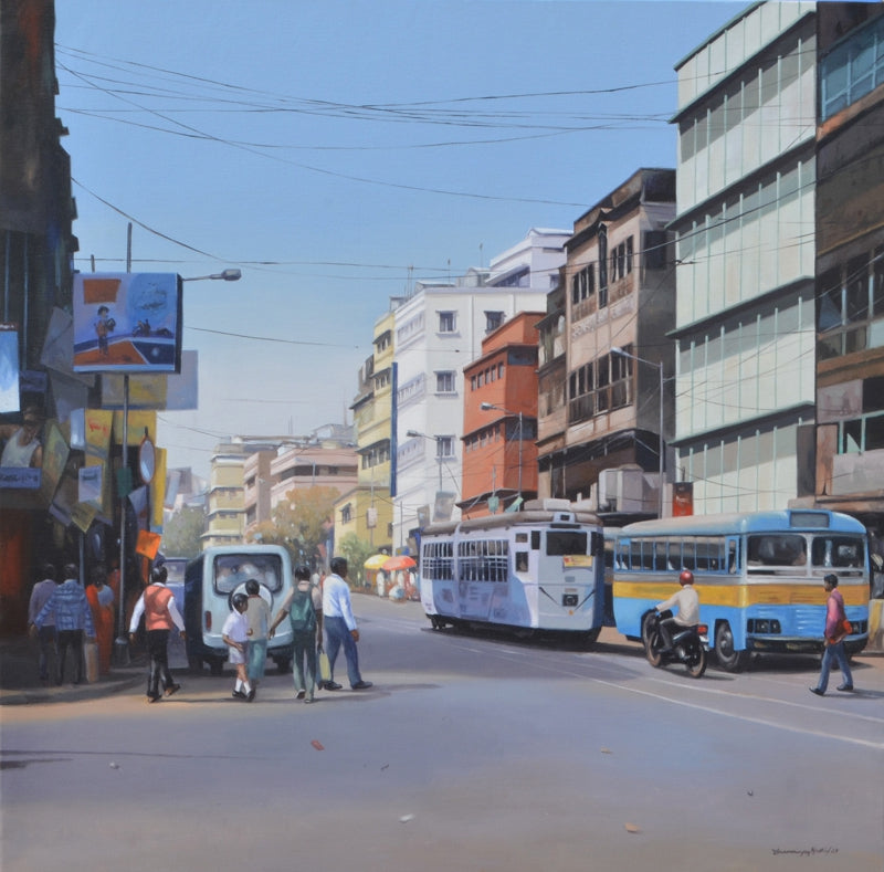 Cityscape 5' cityscape acrylic painting by artist Dhananjoy Ghosh, 36x36 inch, on canvas