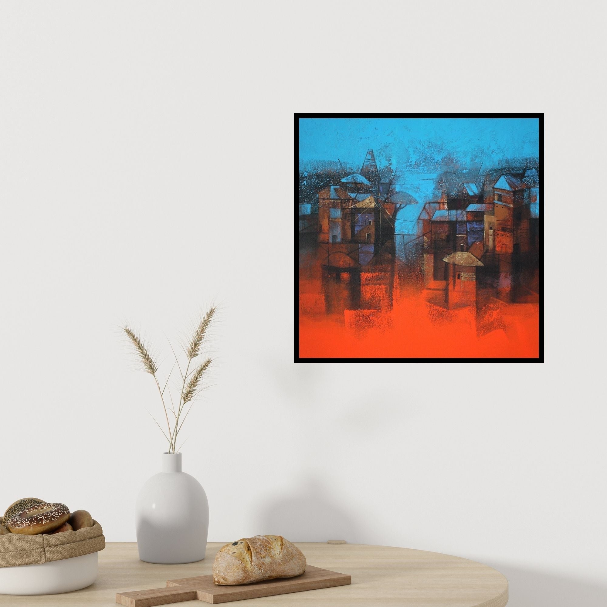 In-situ view of Sachin Akalekar's 'Cityscape (Urban Divide)' painting in a room