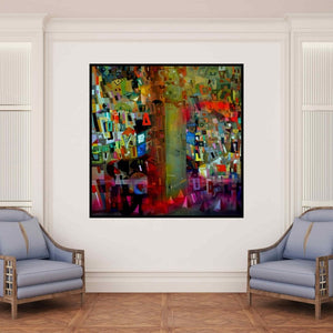 In-situ view of Madan Lal's 'Cityscape 8 (Untitled)' painting in a room