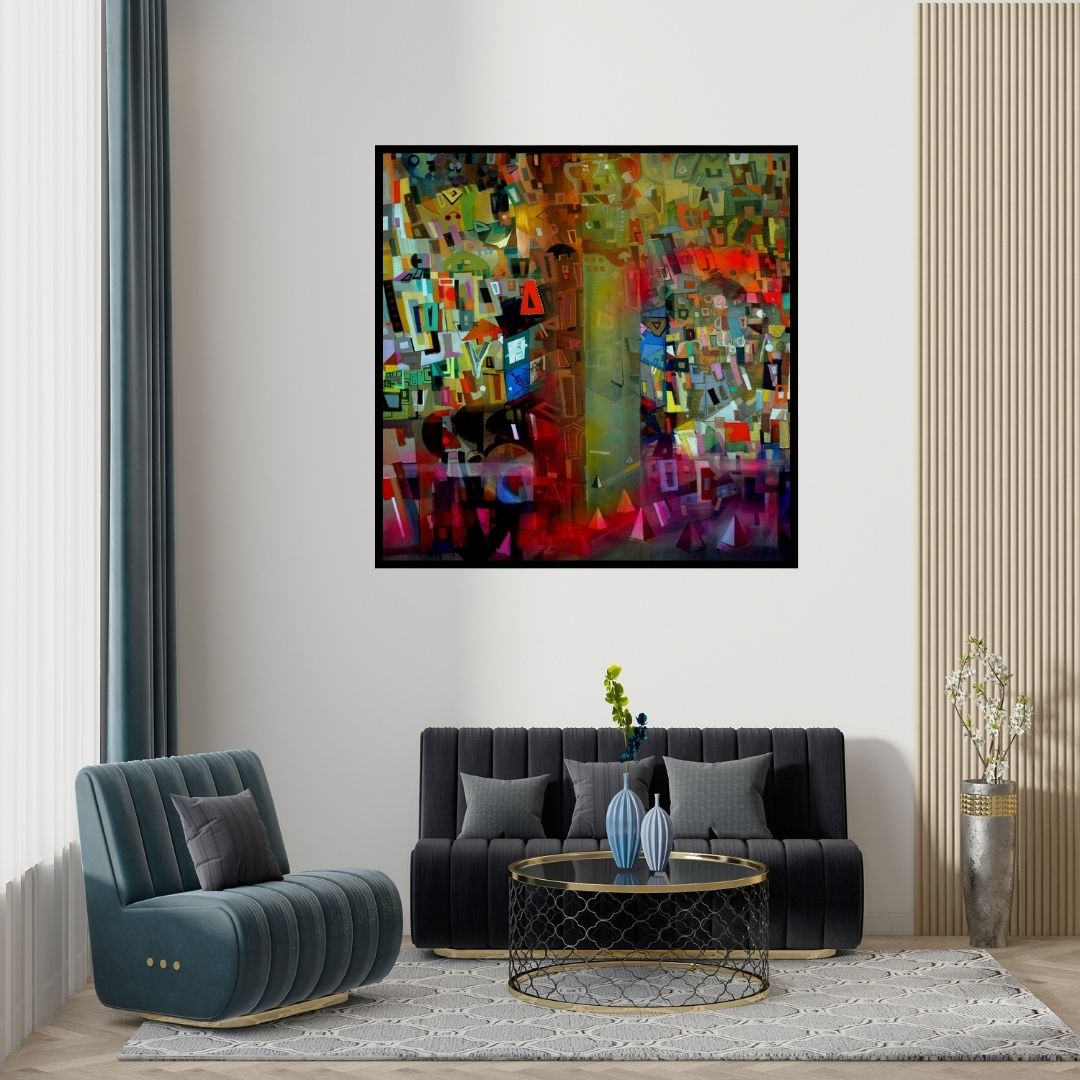 Preview of 'Cityscape 8 (Untitled)' Painting by Madan Lal shown on a wall in a furnished room.