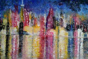 Cityscape (Urban Reflections) by Kiran Bableshwar, Original Oil Impressionist Painting on Canvas, Small Horizontal Wall Art