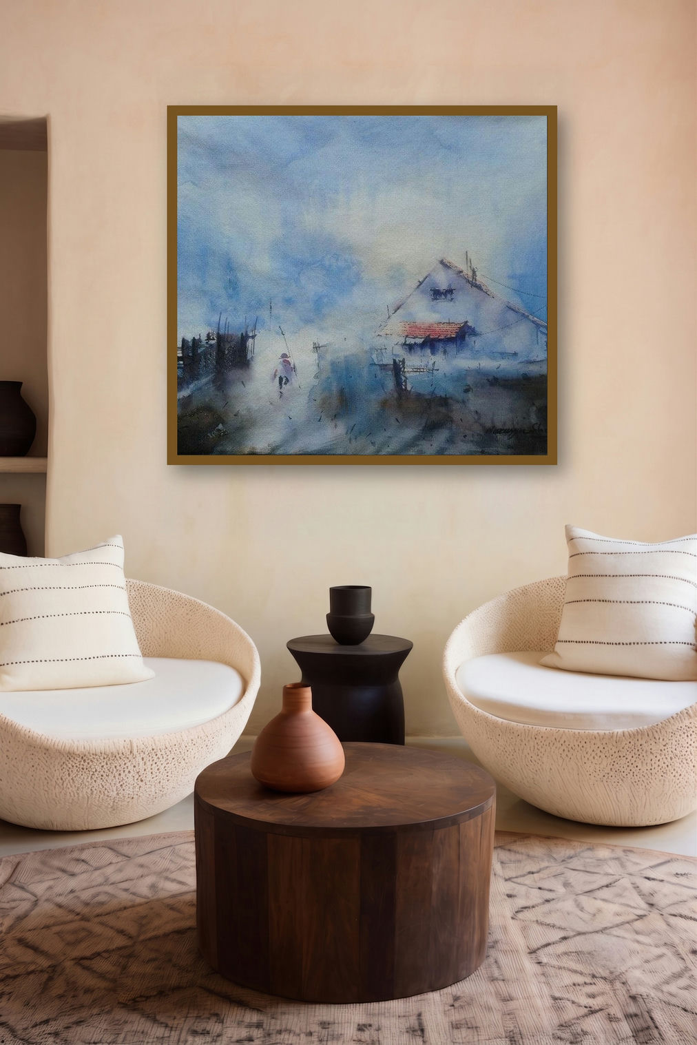 Cityscape I (Dawns Embrace: A Misty Morning Scene) by artist Narayan Shelke displayed in a Luxury gallery