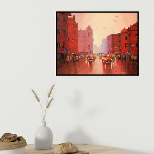 Purnendu Mandal's 'Cityscape Ii (Ruby Rhythms: A City Street in Hues)' painting visualized above a sofa in a contemporary room.