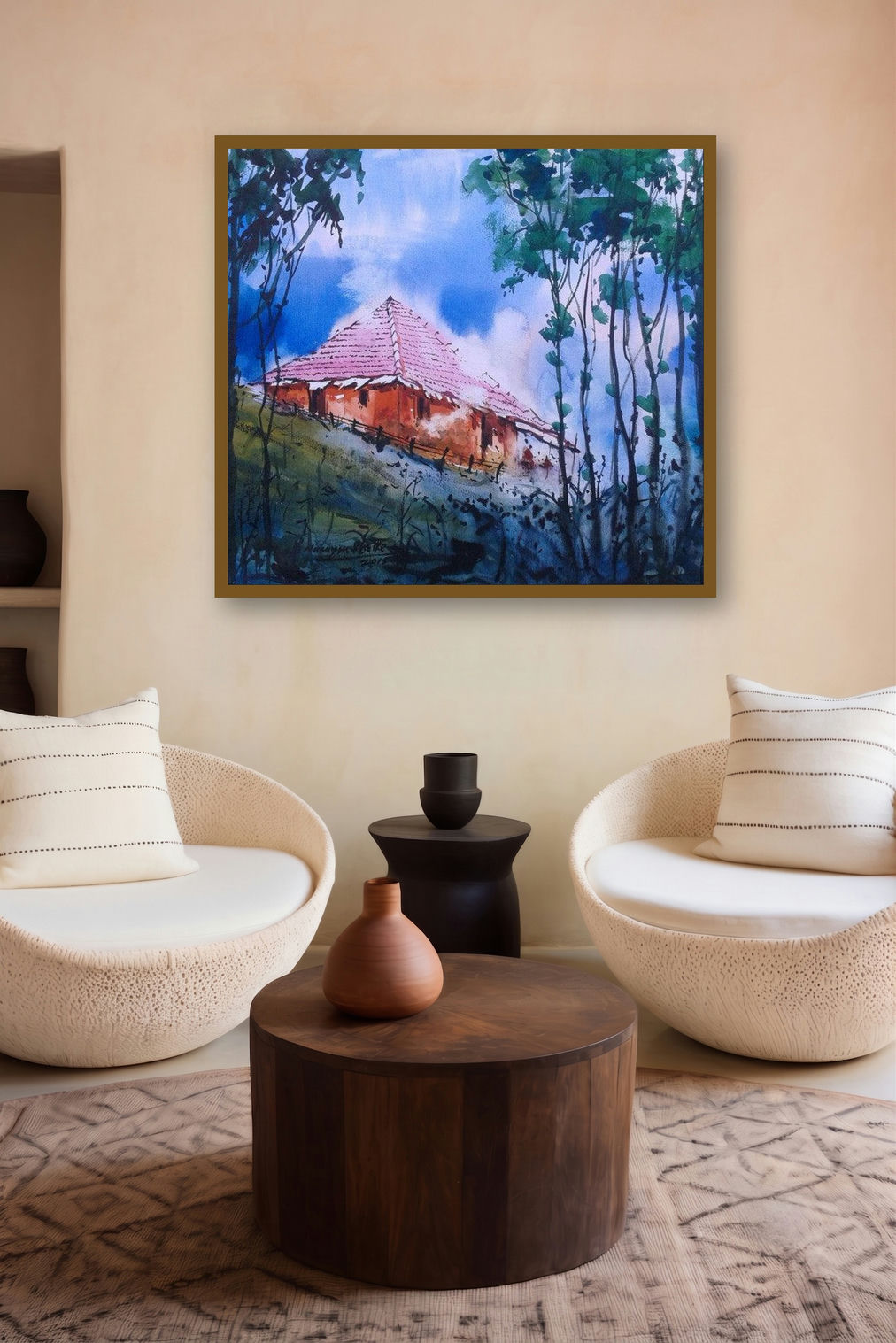 Cityscape Ii (Hilltop Haven: A Cottage in the Woods) by artist Narayan Shelke displayed in a Contemporary Exhibition gallery
