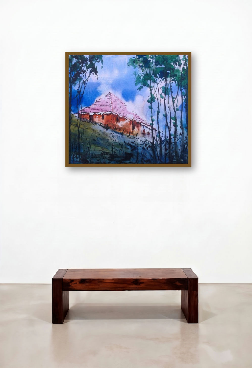 Cityscape Ii (Hilltop Haven: A Cottage in the Woods) by artist Narayan Shelke displayed in a Contemporary Luxury Lounge