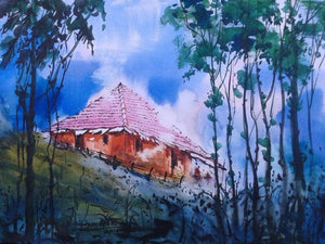 Cityscape Ii (Hilltop Haven: A Cottage in the Woods) by Narayan Shelke, Original Watercolor Cityscape Painting on Paper, Small Horizontal Wall Art