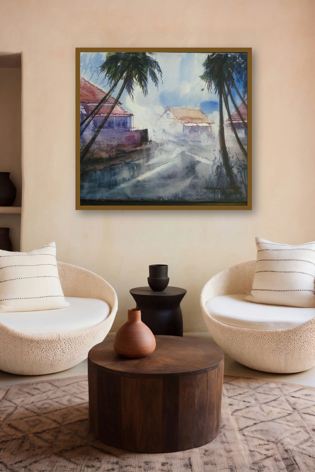 Cityscape Iv (Tropical Tranquility: A Village Street Scene) by artist Narayan Shelke displayed in a Museum Style gallery