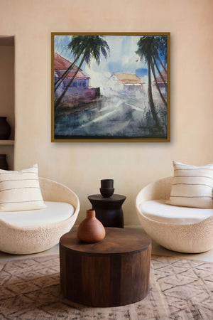Cityscape Iv (Tropical Tranquility: A Village Street Scene) by artist Narayan Shelke displayed in a Museum Style gallery