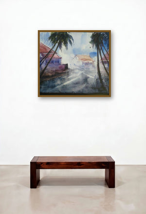 Cityscape Iv (Tropical Tranquility: A Village Street Scene) by artist Narayan Shelke displayed in a Rustic Hotel Lobby