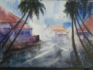 Cityscape Iv (Tropical Tranquility: A Village Street Scene) by Narayan Shelke, Original Watercolor Cityscape Painting on Paper, Small Horizontal Wall Art