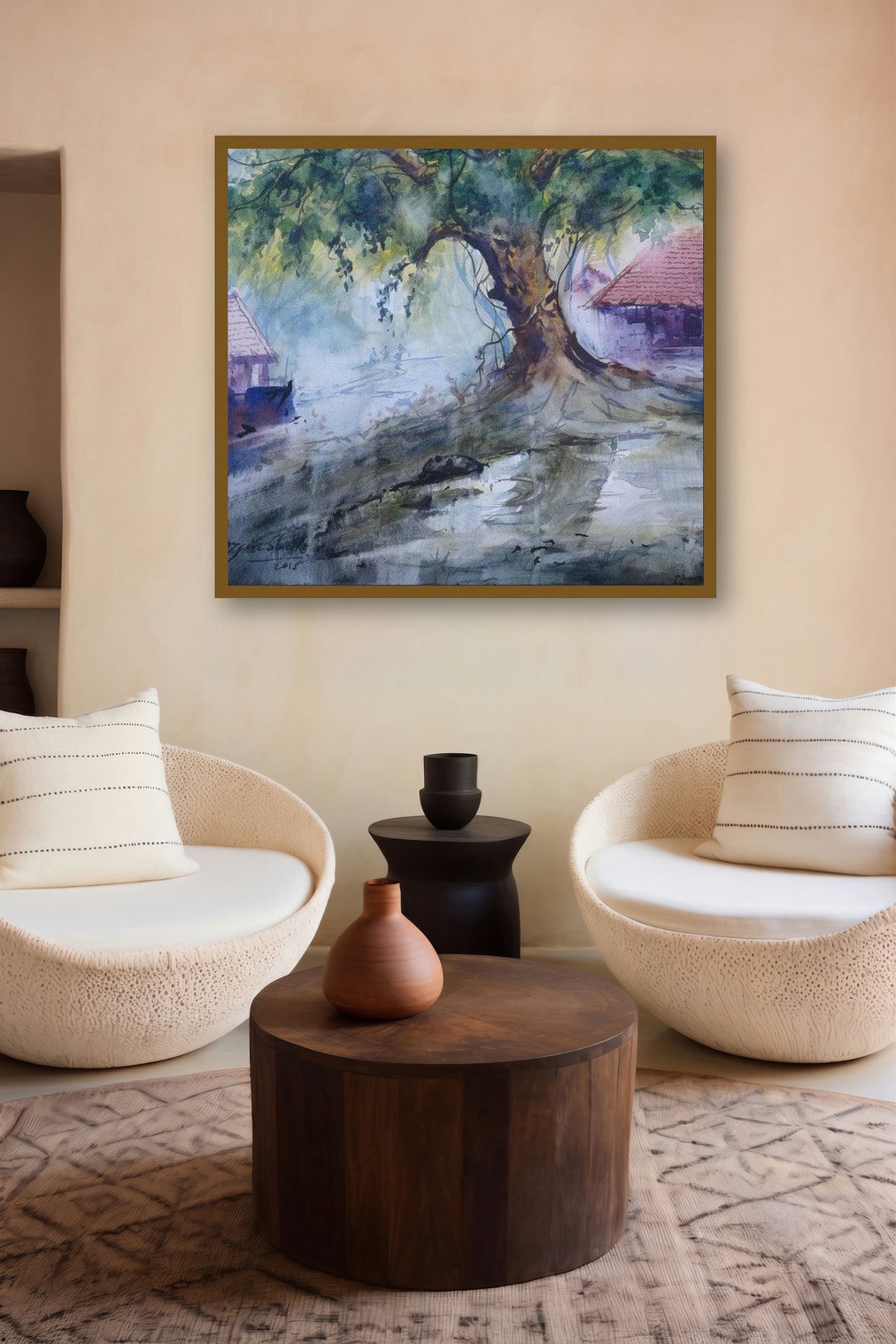 Cityscape Ix (Under the Banyans Shade: A Village Tapestry) by artist Narayan Shelke displayed in a Indian Art gallery